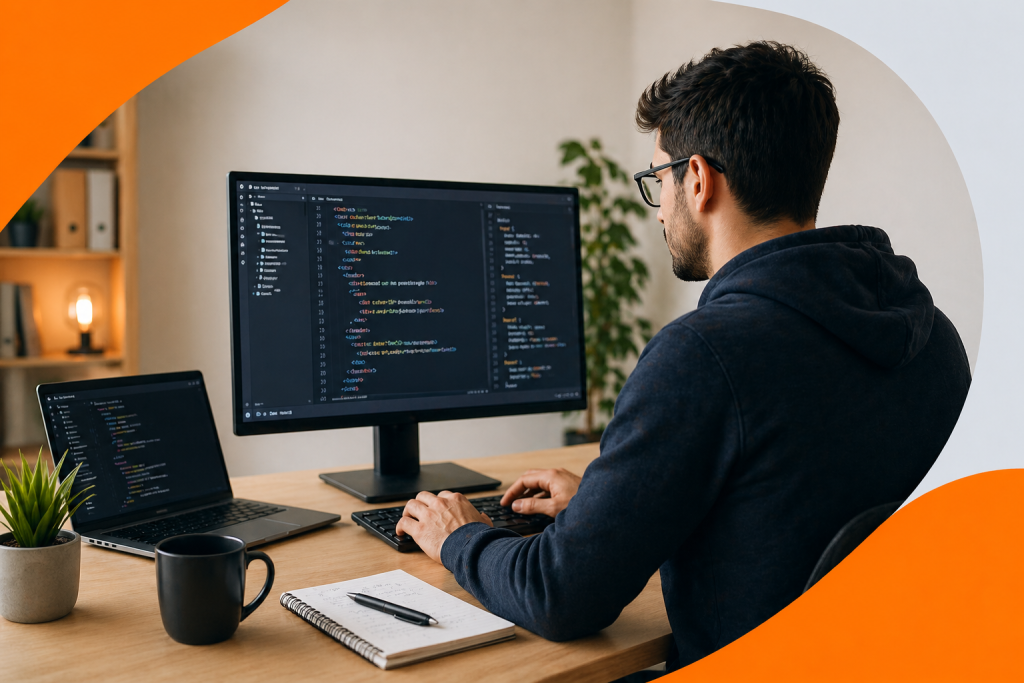 Développeur web débutant en train de coder une page sur ordinateur