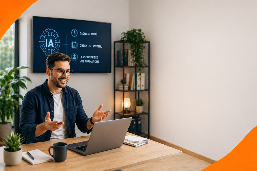 Formateur utilisant l’intelligence artificielle pour créer du contenu pédagogique sur ordinateur