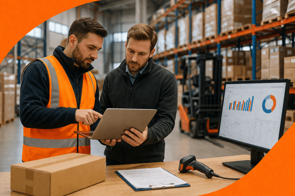 Professionnels de la logistique utilisant des outils numériques pour analyser et optimiser leurs processus