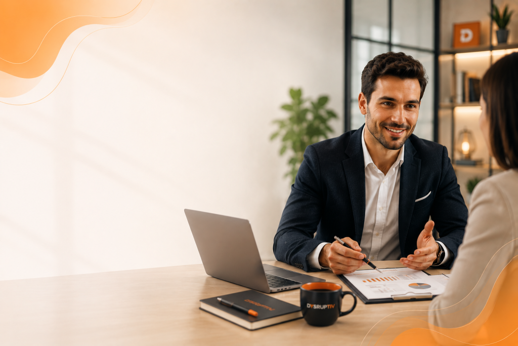 Conseiller commercial en rendez-vous professionnel dans un bureau moderne premium