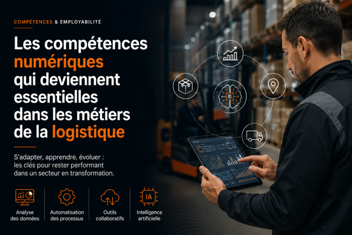 Professionnel de la logistique utilisant une tablette numérique dans un entrepôt moderne pour analyser les données et optimiser les opérations logistiques.