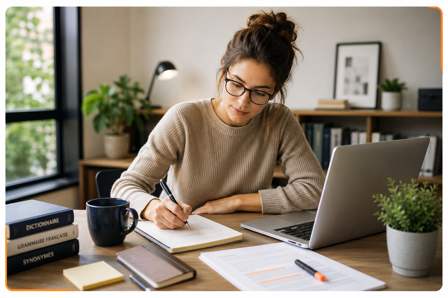 Professionnelle améliorant ses compétences en expression écrite et en maîtrise du français dans un environnement de travail moderne
