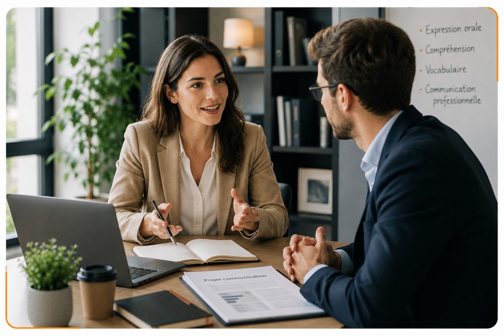 Deux professionnels échangeant dans un environnement de travail moderne afin de développer leurs compétences en communication et en maîtrise du français