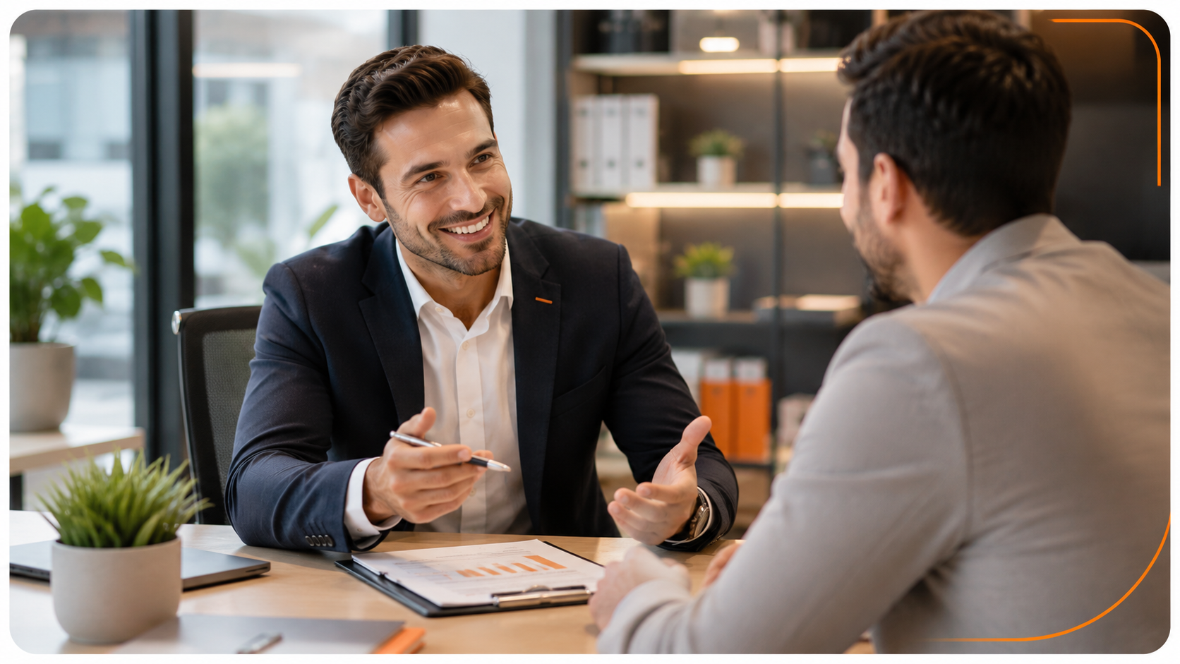 Conseiller commercial en entretien avec un client dans un environnement professionnel moderne