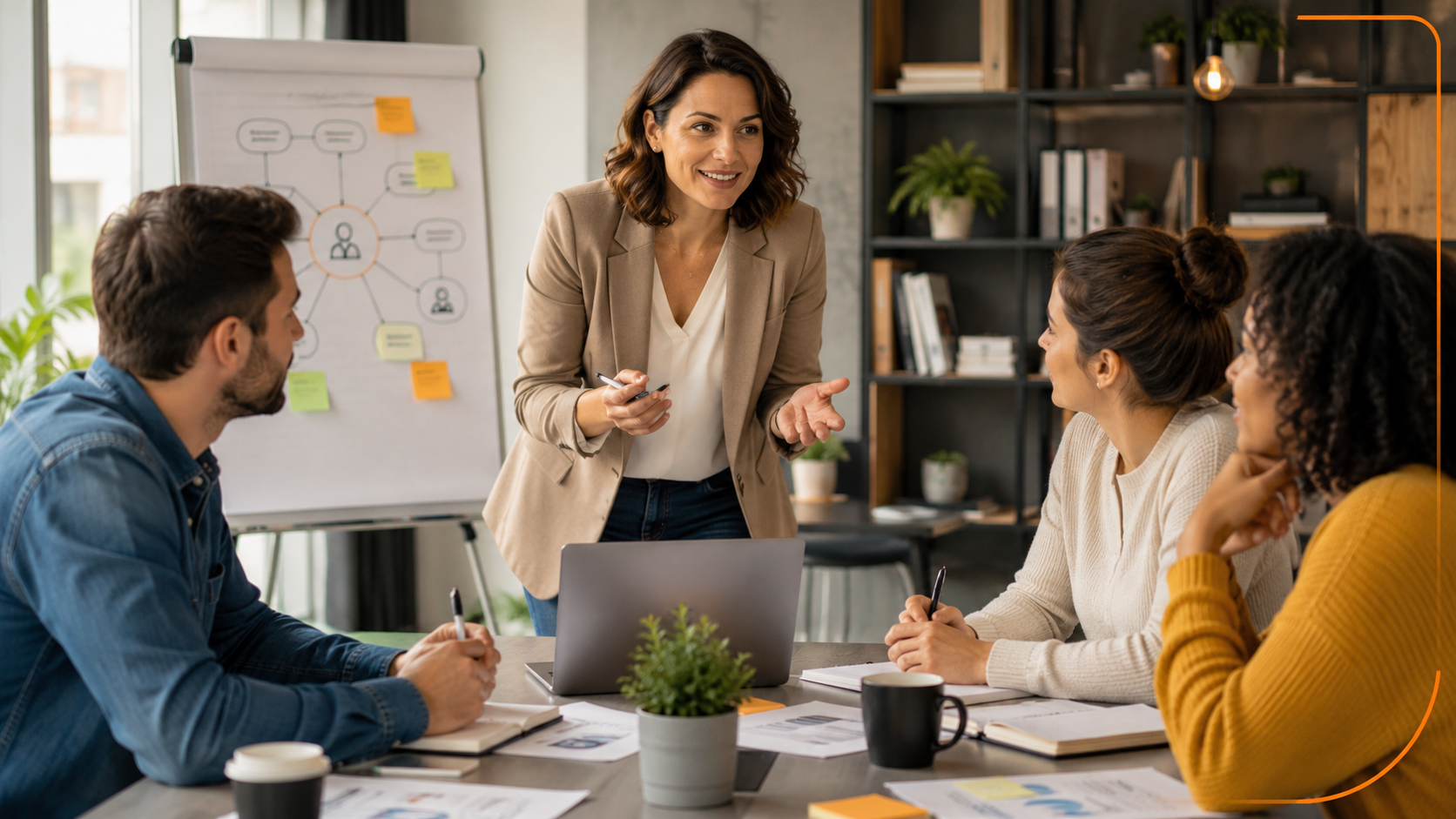 Formatrice professionnelle animant un atelier collaboratif auprès d'un groupe d'adultes dans un environnement de formation moderne