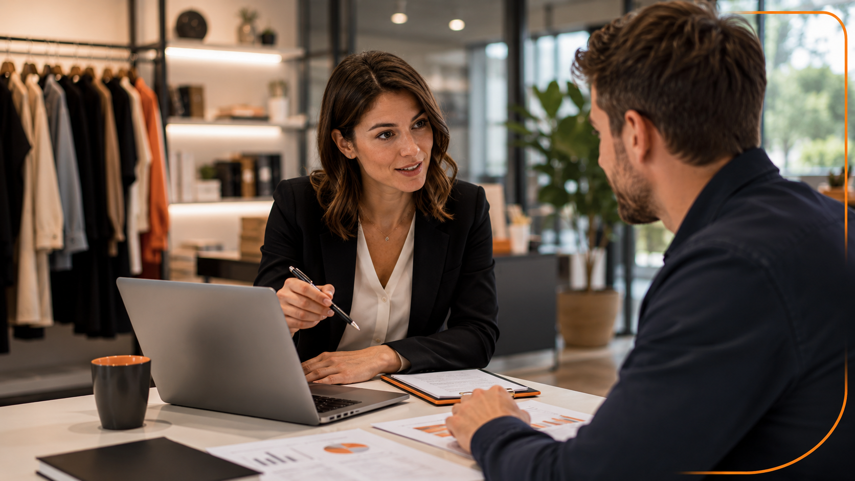 Manager commercial opérationnel échangeant avec un collaborateur dans un environnement professionnel moderne