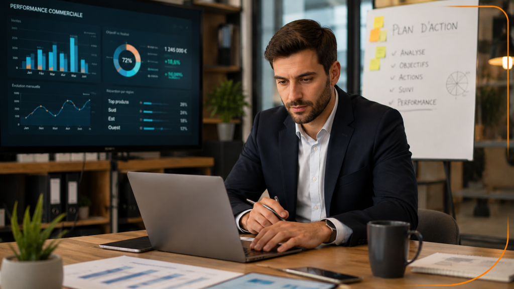 Manager commercial opérationnel analysant les performances de son activité dans un environnement professionnel moderne