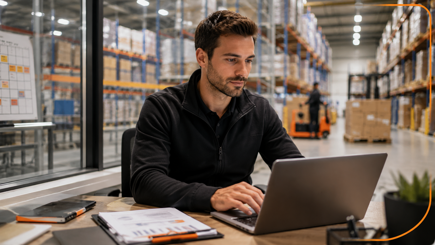 Technicien en logistique d’entreposage pilotant les opérations logistiques depuis un poste de travail moderne au sein d’un entrepôt