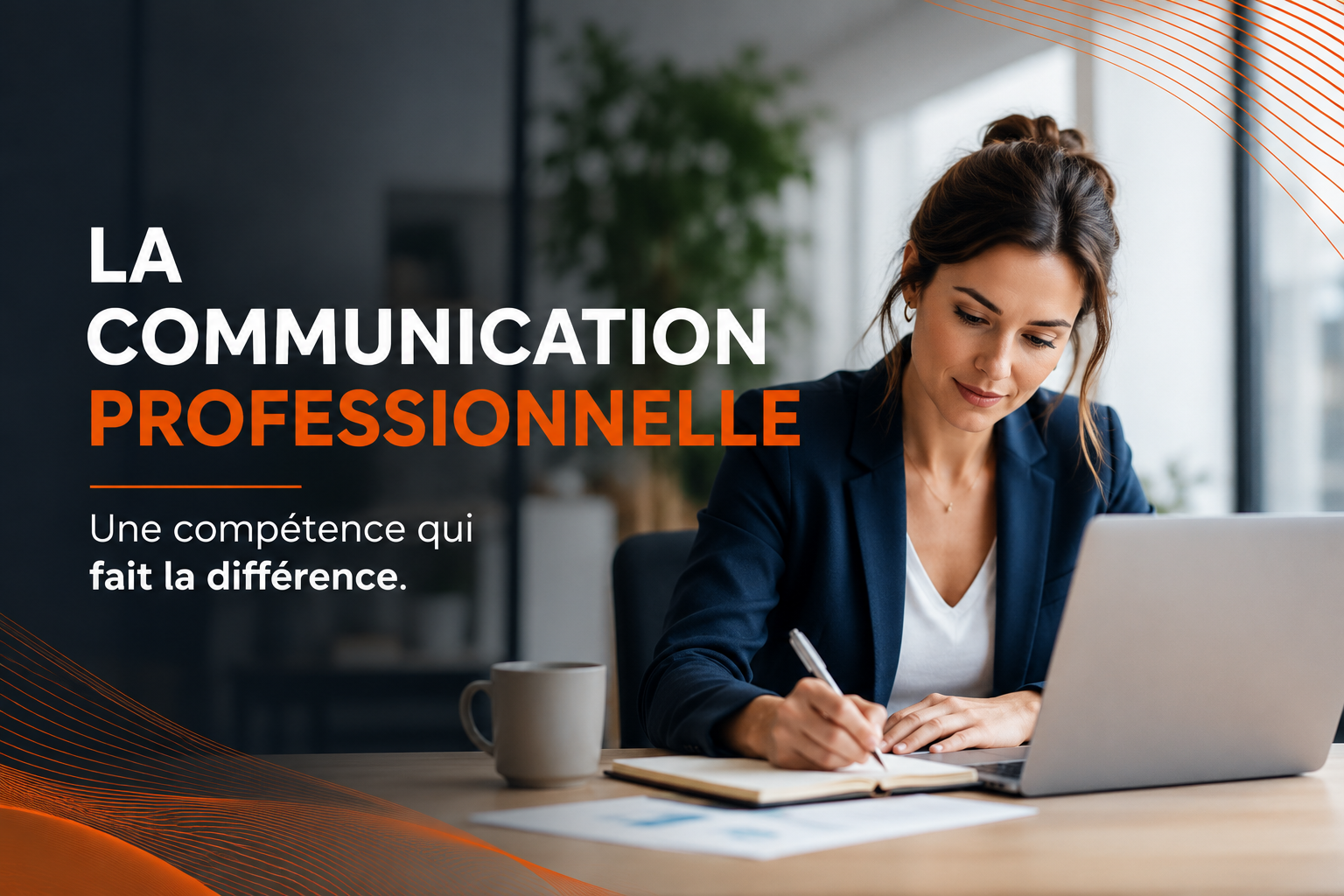 Professionnelle rédigeant un document illustrant l'importance de la communication professionnelle en entreprise.
