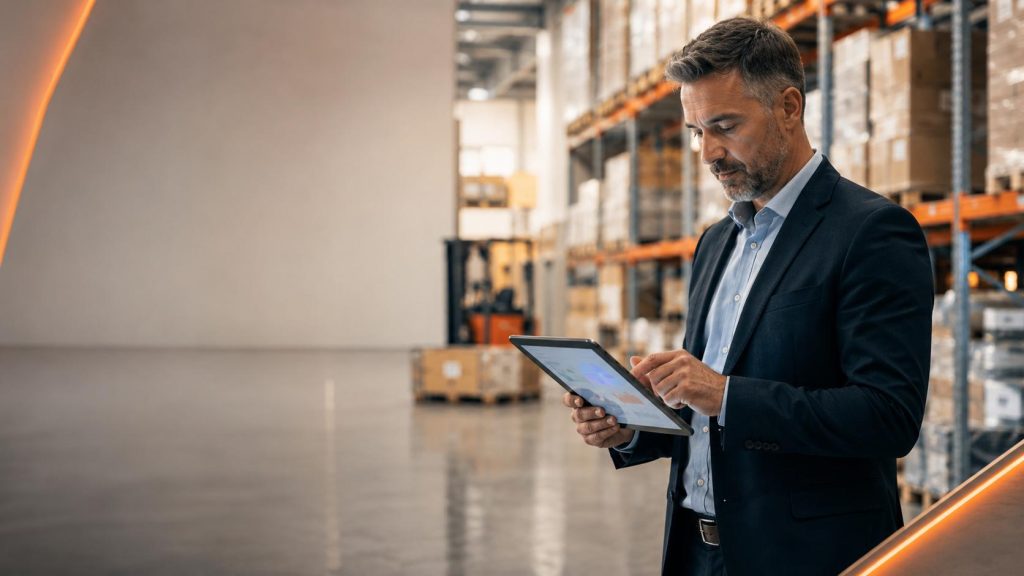 rofessionnel de la Supply Chain analysant les niveaux de stock dans un entrepôt moderne