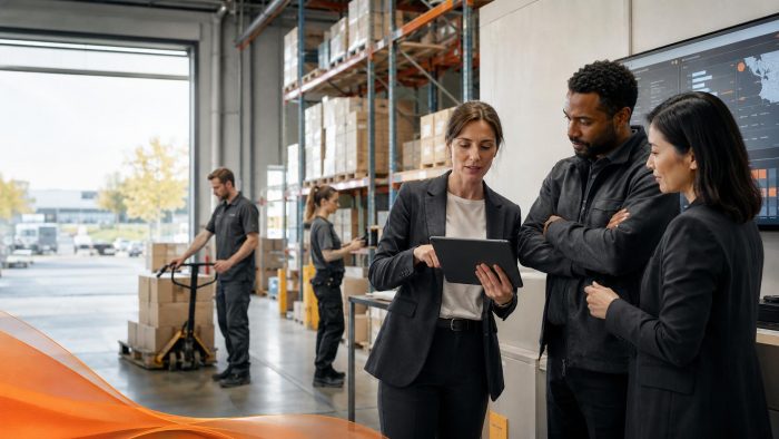 Une responsable coordonne une équipe dans un entrepôt logistique organisé