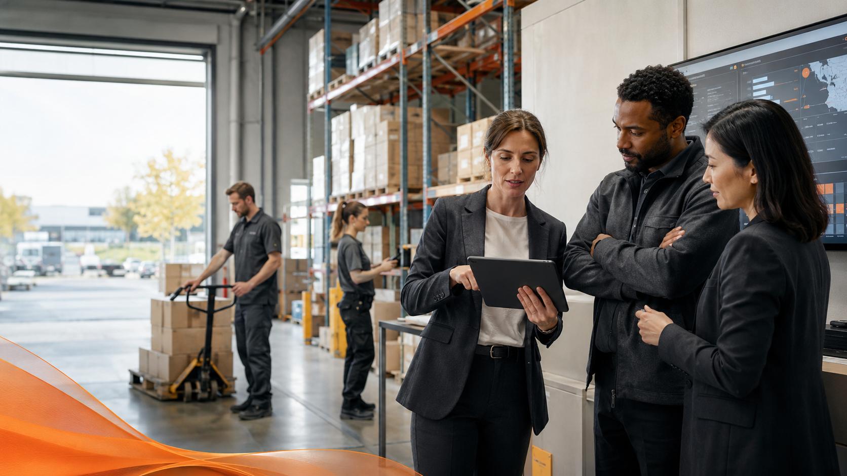 Une responsable coordonne une équipe dans un entrepôt logistique organisé