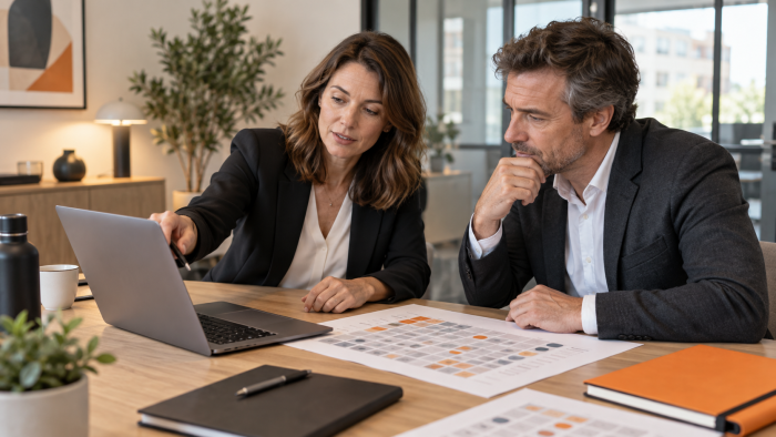 Deux responsables analysent une cartographie pour anticiper les besoins en compétences de l’entreprise