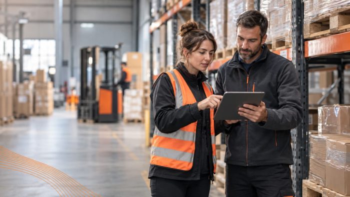 Professionnels de la logistique analysant les indicateurs de gestion et d’optimisation des stocks dans un entrepôt