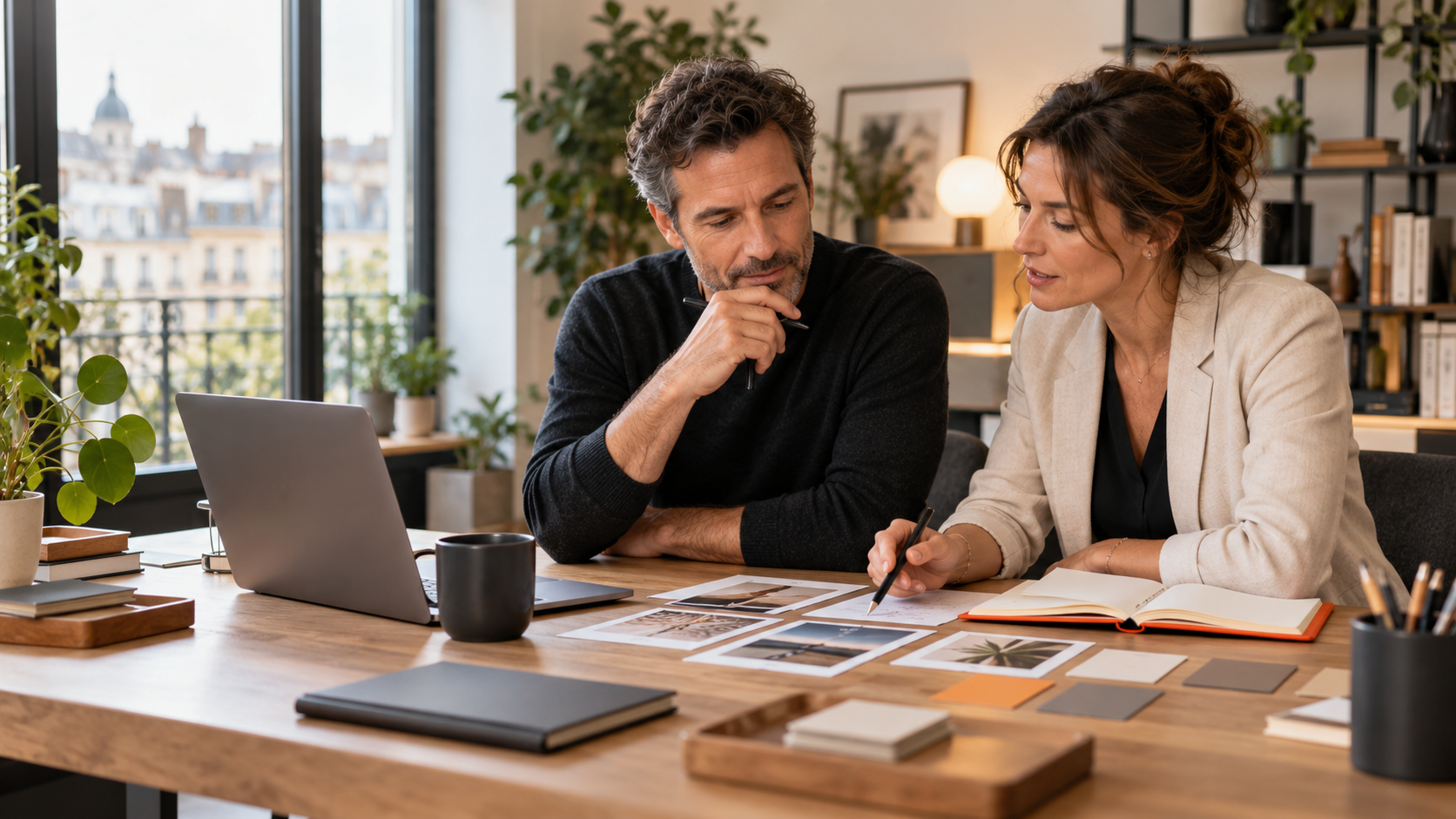 Deux professionnels construisant un projet de reconversion professionnelle réaliste